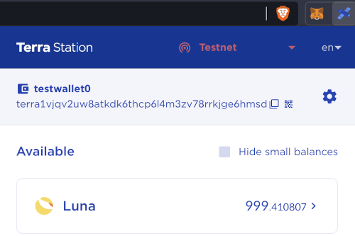 The Terra Station browser extension showing a LUNA balance on the Terra testnet.